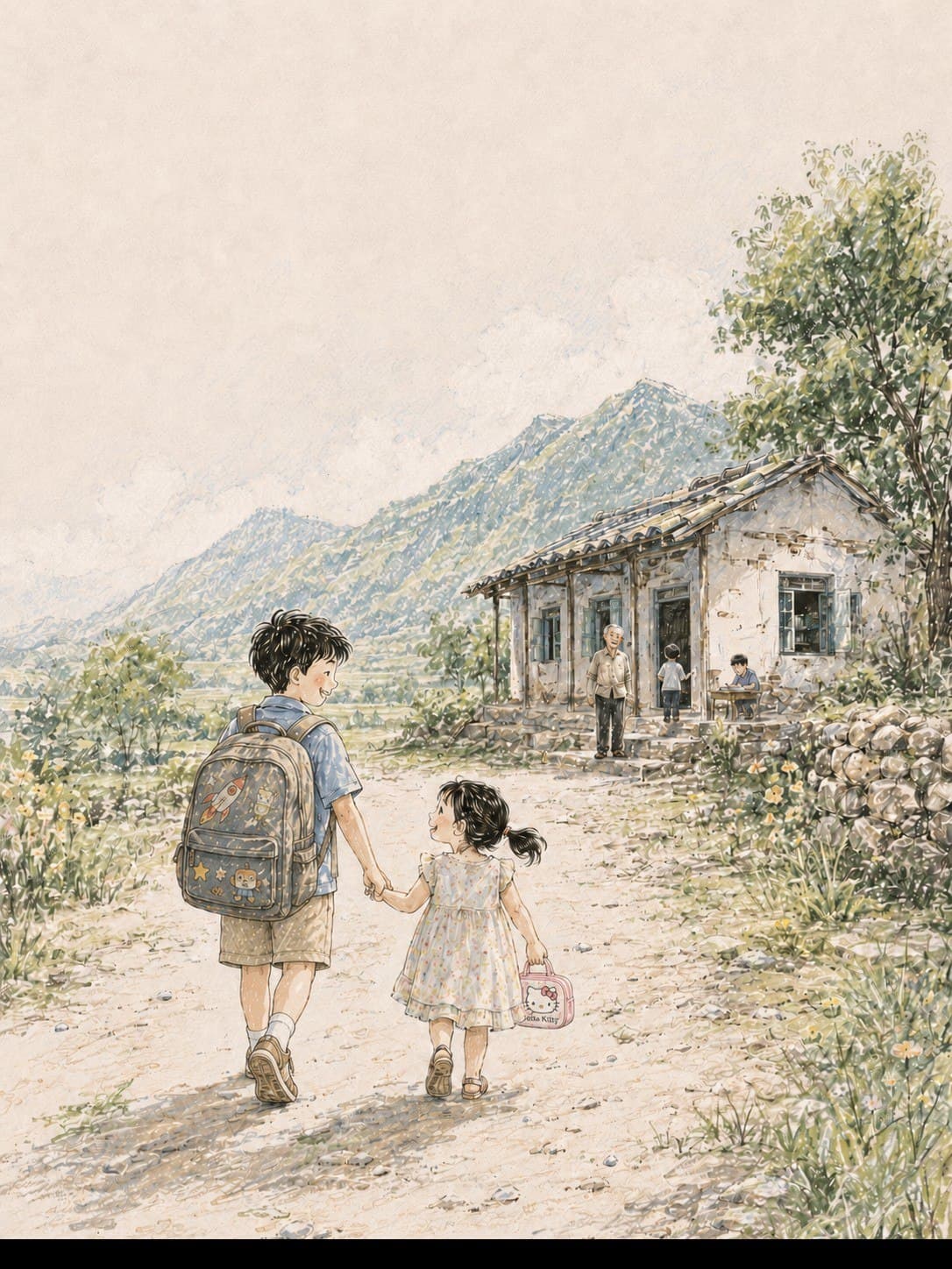 水彩画：兄妹牵手走过夏日山村小路，绿树掩映农舍