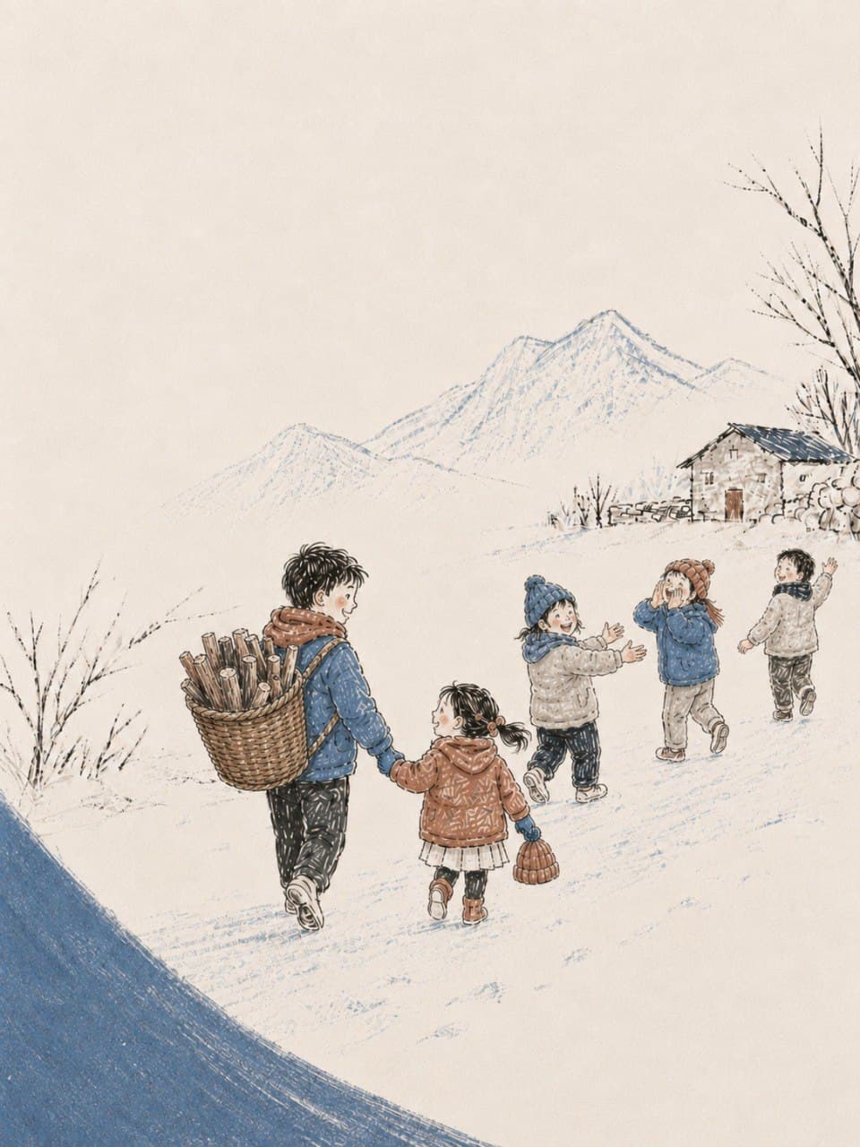 水彩画：兄妹与伙伴走过雪后山村，远山覆雪